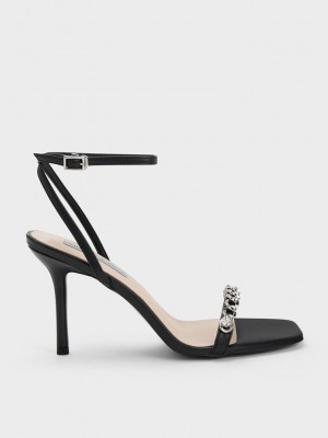 Charles & Keith Chain-Embellished Ankle Askılı Sandals Siyah | LOAX-27538