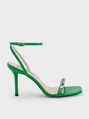Charles & Keith Chain-Embellished Ankle Askılı Sandals Yeşil | YJCH-32659