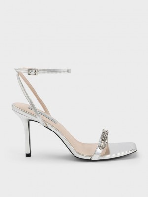 Charles & Keith Chain-Embellished Metallic Ankle Askılı Sandals Gümüş | XCLH-15736