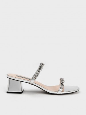 Charles & Keith Chain-Link Block Heel Sandals Gümüş | DTHK-85034