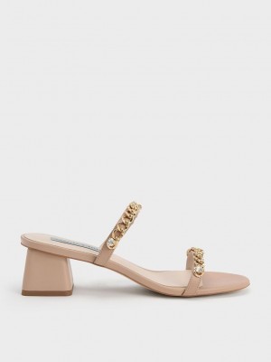 Charles & Keith Chain-Link Block Heel Sandals Bej Rengi | VHFJ-73902