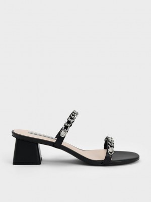 Charles & Keith Chain-Link Block Heel Sandals Siyah | RULZ-14759