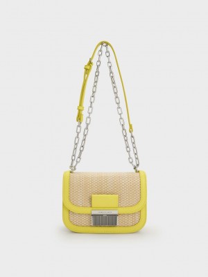 Charles & Keith Charlot Raffia Chain Askılı Bag Sarı | TJXB-52804
