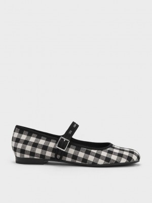 Charles & Keith Checkered Buckled Mary Jane Flats Siyah | NJCK-63187