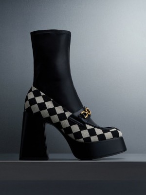 Charles & Keith Checkered Metallic Accent Platform Ankle Boots Renkli | DYRB-10426