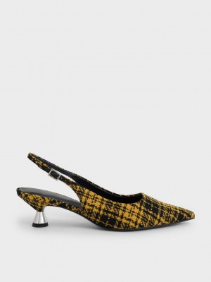 Charles & Keith Checkered Spool Heel Arkası Açık Pumps Sarı | VJAB-67351