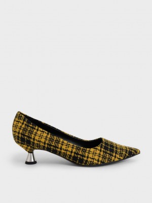 Charles & Keith Checkered Spool Heel Pumps Sarı | XLIY-64702