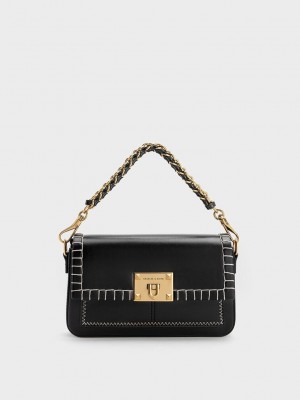 Charles & Keith Circe Stitch-Trim Top Handle Bag Siyah | HWLY-15973