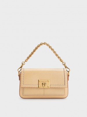 Charles & Keith Circe Stitch-Trim Top Handle Bag Bej Rengi | HLFV-90346