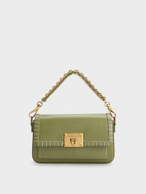 Charles & Keith Circe Stitch-Trim Top Handle Bag Zeytin Yeşili | TUXJ-05981