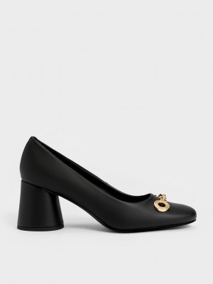Charles & Keith Circle Chain-Link Cylindrical Heel Pumps Siyah | JCHS-87129