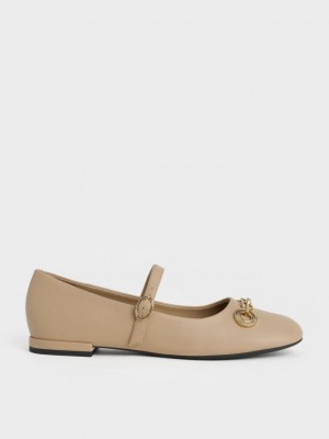 Charles & Keith Circle Chain-Link Mary Janes Bej Rengi | OPFK-50167