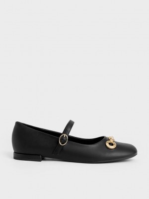 Charles & Keith Circle Chain-Link Mary Janes Siyah | ACLY-28917