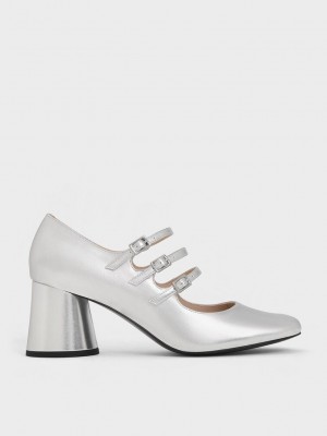 Charles & Keith Claudie Metallic Buckled Mary Janes Gümüş | OJCA-87521