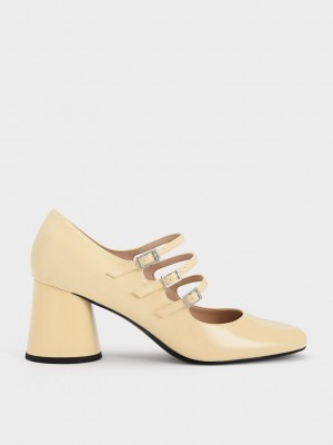 Charles & Keith Claudie Rugan Buckled Mary Janes Sarı | IJBT-86073
