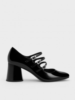 Charles & Keith Claudie Rugan Buckled Mary Janes Siyah | CGYU-60428