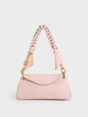 Charles & Keith Cleona Braided Handle Hobo Bag Açık Pembe | QJMC-30971
