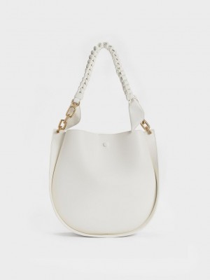 Charles & Keith Cleona Braided Handle Shoulder Bag Beyaz | IVTM-89317