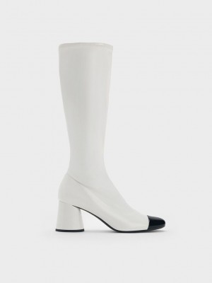 Charles & Keith Coco Two-Tone Knee-High Boots Beyaz | UCHK-47369