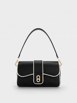 Charles & Keith Contrast-Trim Belted Crossbody Bag Siyah | EHWX-37962
