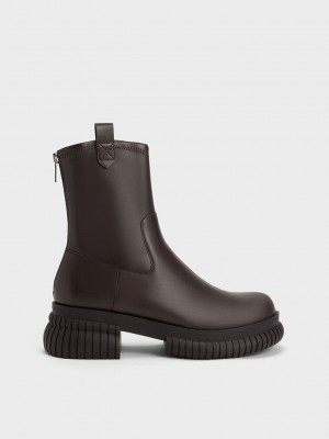 Charles & Keith Cowboy Platform Ankle Boots Koyu Kahverengi | BMIG-50748