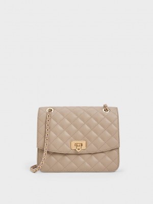 Charles & Keith Cressida Kapitone Chain Askılı Bag Gri Kahverengi | NHZL-91764