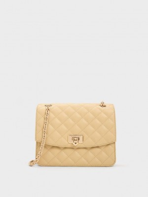 Charles & Keith Cressida Kapitone Chain Askılı Bag Bej Rengi | UYRW-86314