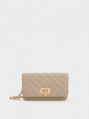 Charles & Keith Cressida Kapitone Push-Lock Clutch Gri Kahverengi | MEZJ-62083
