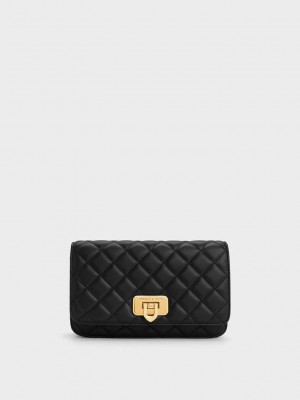 Charles & Keith Cressida Kapitone Push-Lock Clutch Siyah | BFRE-54372