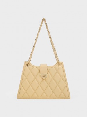 Charles & Keith Cressida Kapitone Trapeze Chain Bag Bej Rengi | WCVQ-40132