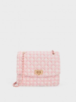Charles & Keith Cressida Tweed Chain Askılı Bag Pembe | UEZW-65973