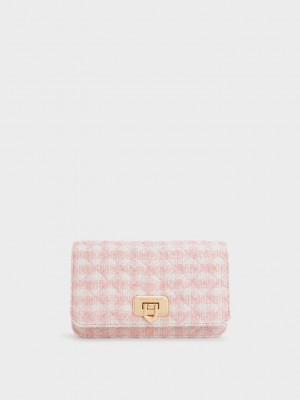 Charles & Keith Cressida Tweed Push-Lock Clutch Pembe | JGOF-85410
