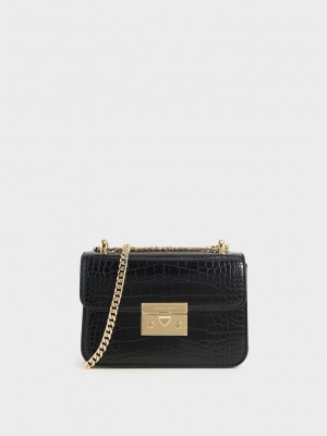 Charles & Keith Croc-Effect Chain Askılı Crossbody Bag Siyah | RMUA-15276