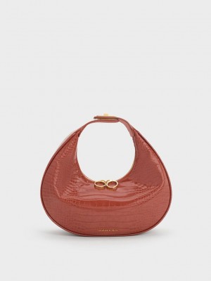 Charles & Keith Croc-Embossed Crescent Hobo Bag Kahverengi | HVDQ-72489