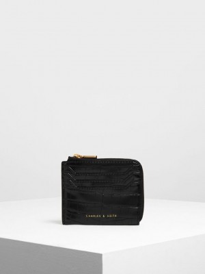 Charles & Keith Croc-Embossed Zip-Around Cardholder Siyah | TKMJ-84132