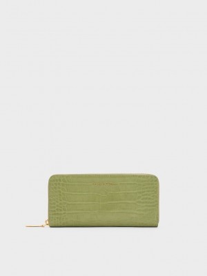 Charles & Keith Croc-Embossed Zip-Around Long Wallet Zeytin Yeşili | MLEP-70632