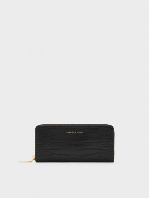 Charles & Keith Croc-Embossed Zip-Around Long Wallet Siyah | IGFM-01356