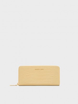 Charles & Keith Croc-Embossed Zip-Around Long Wallet Bej Rengi | CSPQ-24756