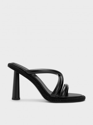 Charles & Keith Crossover Crystal-Embellished Mules Siyah | DJTU-25098