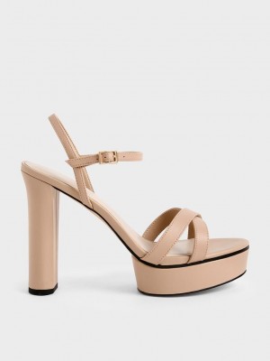Charles & Keith Crossover Platform Topuklu Sandals Bej Rengi | PITH-97182