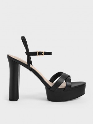 Charles & Keith Crossover Platform Topuklu Sandals Siyah | UQRB-31025