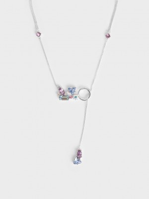 Charles & Keith Crystal-Embellished Double Chain Necklace Gümüş | JFEC-07965