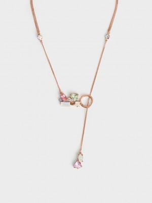 Charles & Keith Crystal-Embellished Double Chain Necklace Pembe Altın | ZRHU-04689