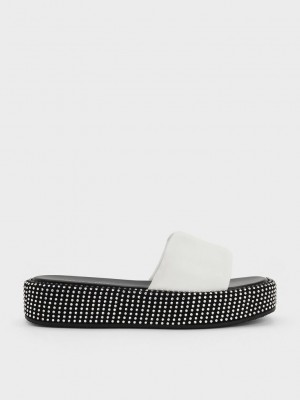 Charles & Keith Crystal-Embellished Flatform Sandals Beyaz | XPCH-71568