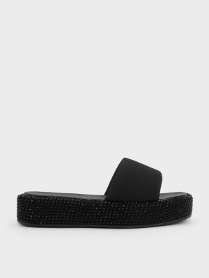 Charles & Keith Crystal-Embellished Naylon Flatform Sandals Siyah | SGTH-93584