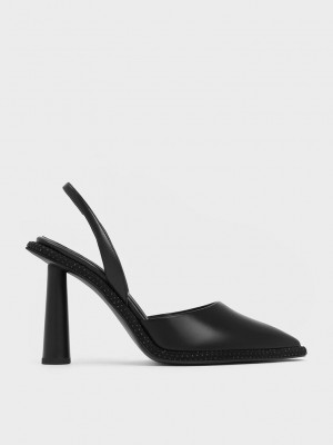 Charles & Keith Crystal-Embellished Pointed-Burunlu Arkası Açık Pumps Siyah | SPYO-73605