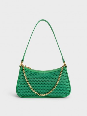 Charles & Keith Crystal-Embellished Satin Shoulder Bag Yeşil | XKIH-34918