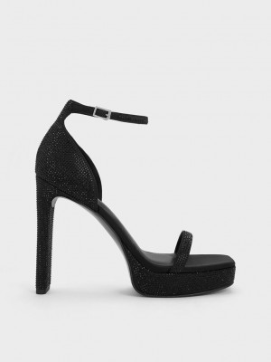 Charles & Keith Crystal Ankle-Askılı Platform Sandals Siyah | NKXC-70521
