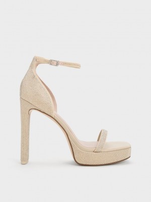 Charles & Keith Crystal Ankle-Askılı Platform Sandals Bej Rengi | MGLS-26370