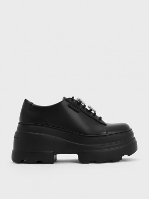Charles & Keith Crystal Heart-Motif Dantel-Up Oxfords Siyah | YHXO-70318